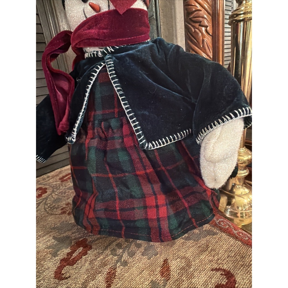 Christmas Snow Woman Plush Doll 18" Plaid Dress Velvet Cape Hat Shelf Sitter Vtg - Picture 5 of 16